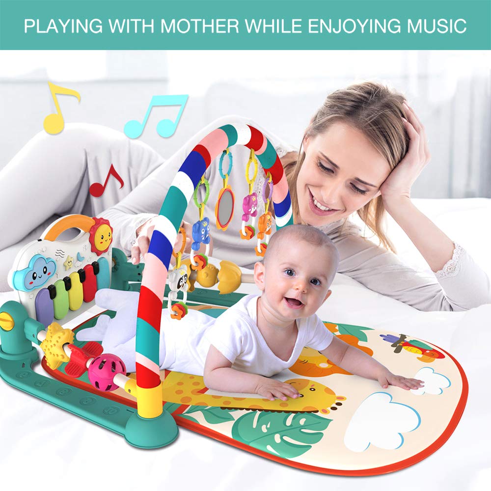 Eners Baby Gyms Play Mats Musical Activity Center Baby Piano Gym Mat Tummy Time Padded Mat for Newborn Toddler Infants(Green) - Image 2
