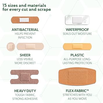 CURAD Assorted Bandages Variety Pack, 300 Count, 6 Styles Including Antibacterial, Waterproof, Sheer, Plastic, Heavy Duty & Flex-Fabric, Protects Scrapes, Cuts & Burns, Latex-Free - Image 5