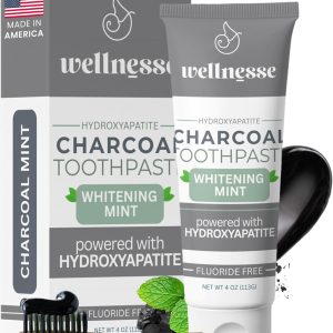 Wellnesse Activated Charcoal Whitening Toothpaste with Xylitol, Fluoride-Free Hydroxyapatite Black Charcoal Toothpaste for Adult Fresh Breath, Natural Teeth Whitening, Mint Flavor, 4 oz (Pack of 1)