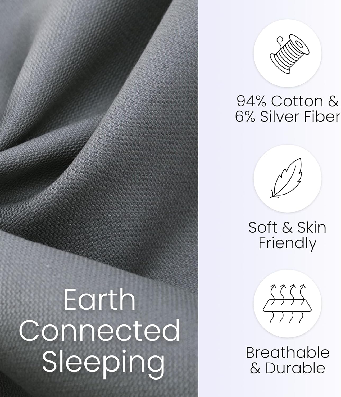 Grounding Sheet, Fitted King Size, Organic Cotton and Conductive Silver, Earth Connected Sheets for Improved Sleep, Pain Relief, Wellness. 78"x 80"x15", Gray Sheets with 15 Ft Grounding Cord - Image 5
