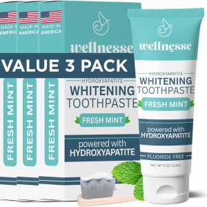 Wellnesse Whitening Hydroxyapatite Toothpaste with Xylitol, Natural Fluoride-Free Teeth Whitening Toothpaste for Adults, Strengthens Enamel, Supports Gum Health, Fresh Mint Flavor, 4 oz (Pack of 3)