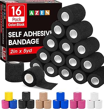 AZEN 16 Pack Self Adhesive Bandage Wrap Black, 2" X 5 Yards Black Athletic Tape, Vet Wrap, Tattoo Grip Tape Wrap,Ankle Tape, Cohesive Bandage Wrap