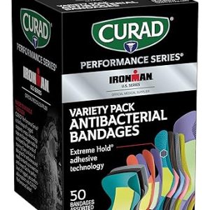 CURAD Performance Series IRONMAN Antibacterial Bandages, Extreme Hold Adhesive Technology, Finger & Knuckle Bandages, Flexible Fabric, Variety Pack with Assorted Sizes & Colors, 50 Count