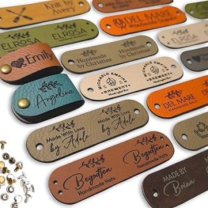 Customized 2.75 x 0.75 inches Faux Leather Product Tags with Rivets, Personalized Tags for Knitting Crochet, Cute Labels Handmade Perfect for Hats Beanies Scarves & More, Labels for Knits