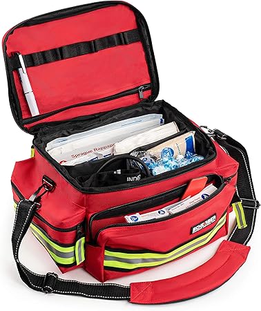 Scherber First Responder Fully-Stocked Professional Essentials EMT/EMS Trauma Kit | HSA/FSA Approved | Reflective Bag w/8 Zippered Pockets & Compartments & 200+ First Aid Supplies - Red - Image 3
