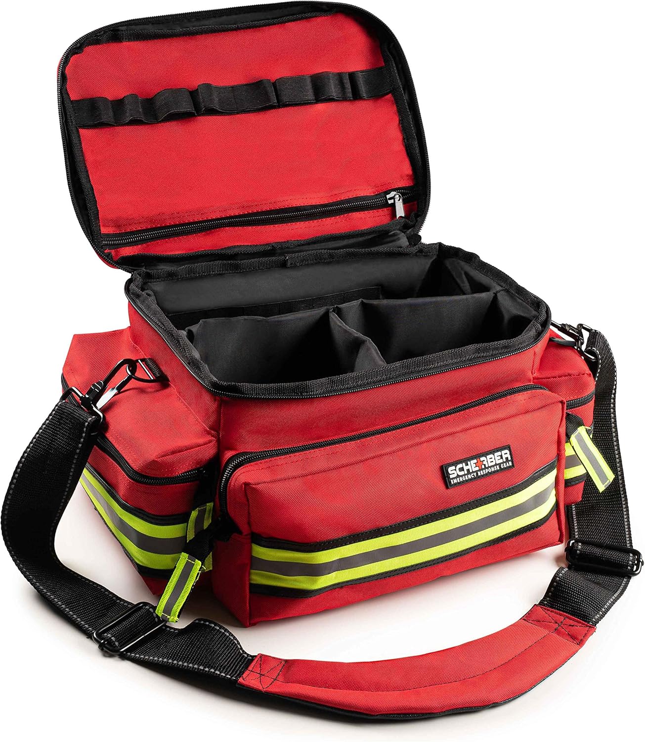 Scherber First Responder Fully-Stocked Professional Essentials EMT/EMS Trauma Kit | HSA/FSA Approved | Reflective Bag w/8 Zippered Pockets & Compartments & 200+ First Aid Supplies - Red - Image 5