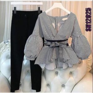 Women Stripe Design Blouse with Pant Set (2 PCs)